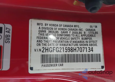 2008 Honda Civic Si z USA, uszkodzony, nr VIN 2HGFG21598H707134